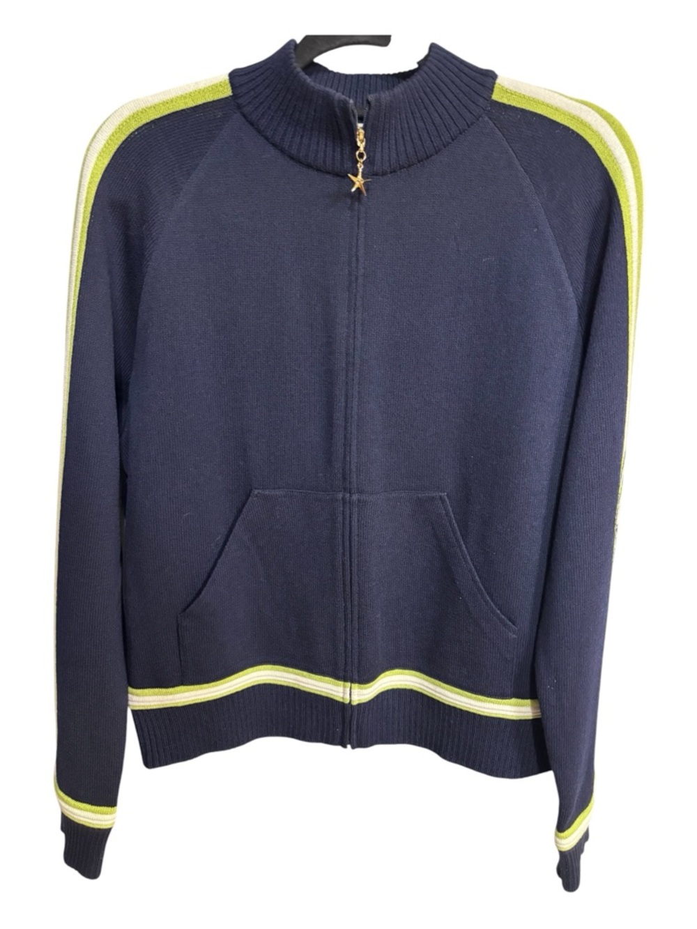 NWOT St. John Sport Marie Gray Navy Zip-Up Jacket w Lime/White Racing Trim Sz L
